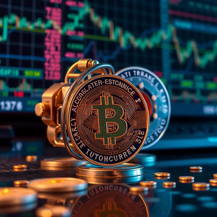 Conceptual illustration of automated cryptocurrency trading with algorithms and digital currency symbols