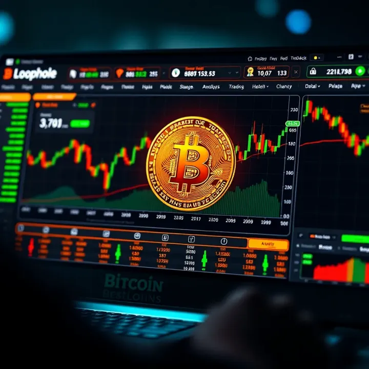Digital interface showing Bitcoin Loophole trading platform dashboard with cryptocurrency charts and statistics