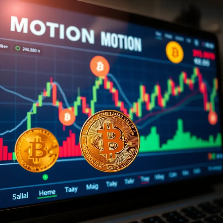 Digital representation of cryptocurrency trading charts and Bitcoin symbols on a futuristic screen