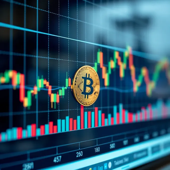 Graph showing Bitcoin price fluctuations with technical indicators and trend lines