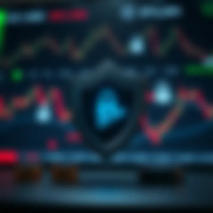 Conceptual illustration of secure online trading with shield and financial symbols