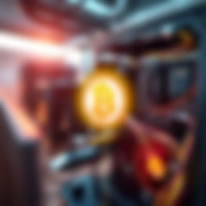Illustration showing digital mining hardware connected to a virtual Shiba Inu cryptocurrency symbol