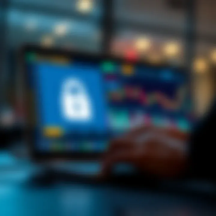 Illustration of secure online trading with encryption symbols and financial data on screen