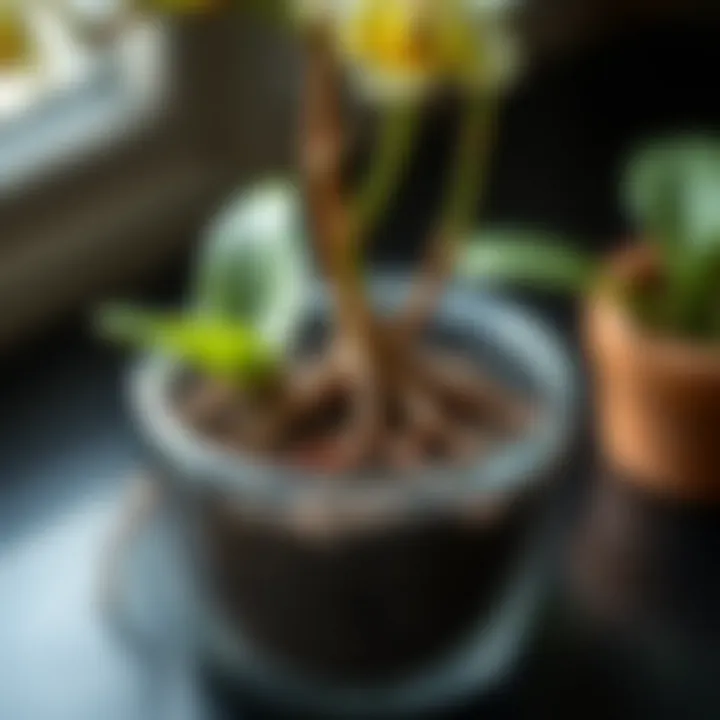 Close-up of orchid roots and substrate in a transparent pot
