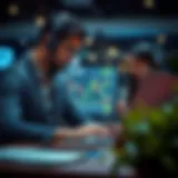 Customer support representative assisting client via laptop with financial data on screen