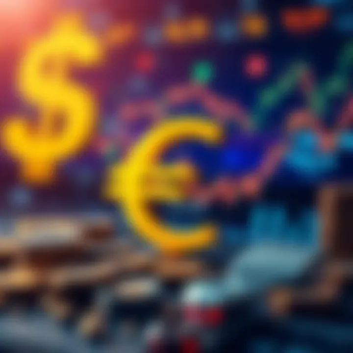 Financial Elements Influencing Euro to US Dollar Forecast Illustration of financial elements including currency symbols, charts, and global market icons representing currency forecast analysis