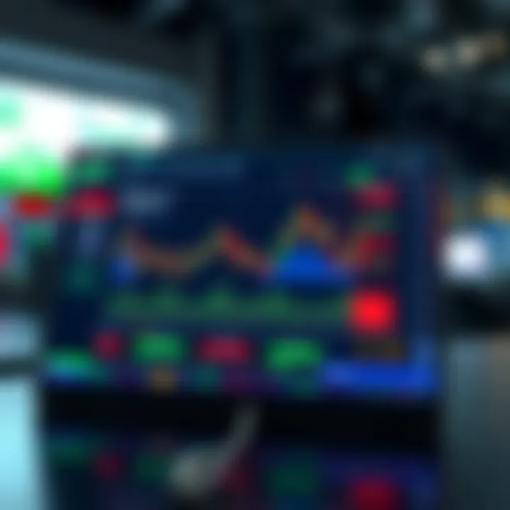 Simulated Trading Platform for Practice Investing Digital interface displaying a simulated stock market trading platform with charts and virtual currency