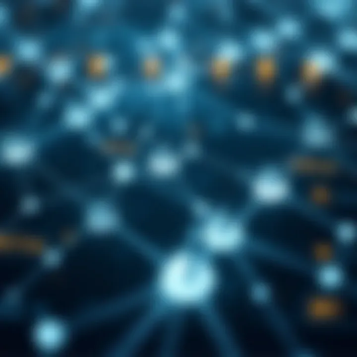 Graphic representation of Ethereum blockchain technology with interconnected nodes and digital data streams