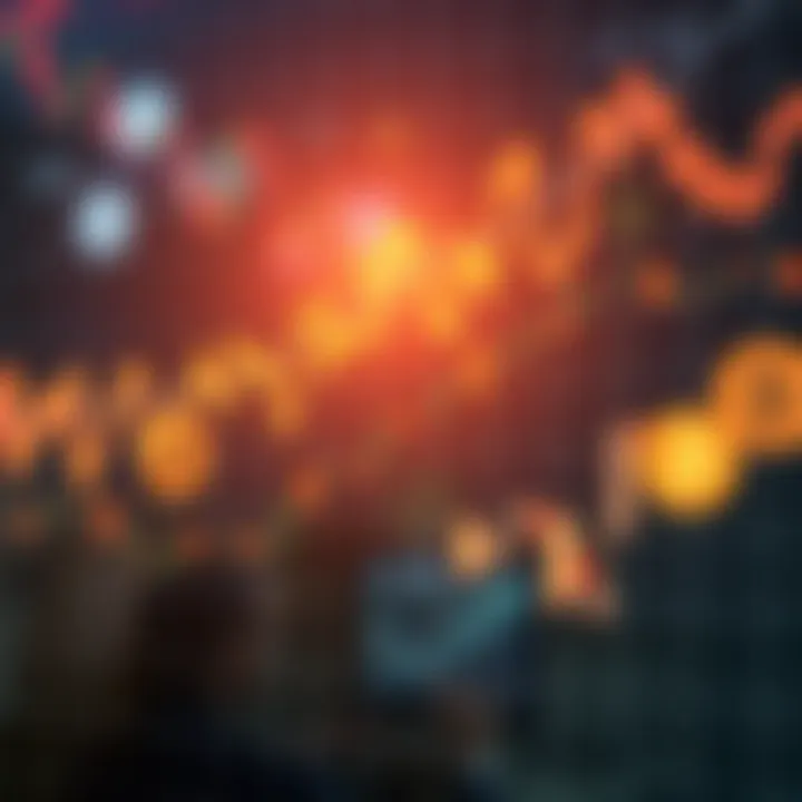 Conceptual visualization of financial volatility with fluctuating lines and digital currency symbols