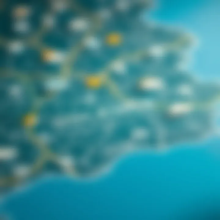 Weather symbols representing various climate conditions over Solanea city map