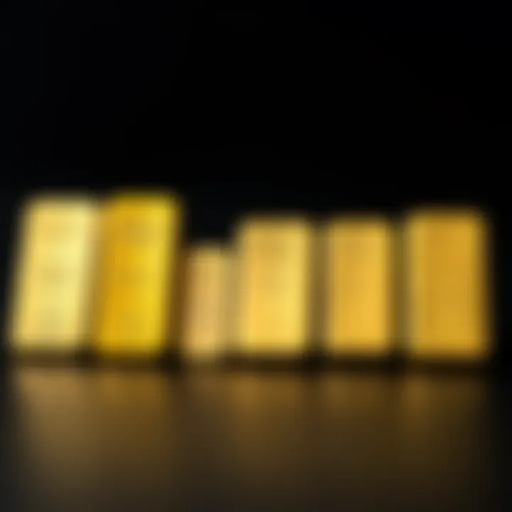 Comparison of various gold bar sizes arranged to highlight their weight differences and international standards