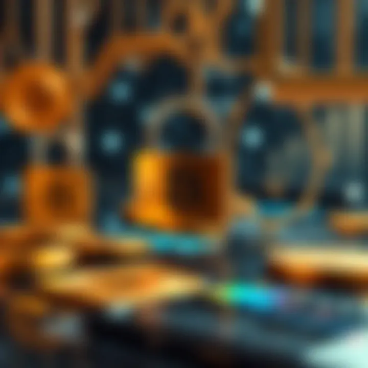 Conceptual illustration of secure cryptocurrency investment with digital locks and Bitcoin symbols