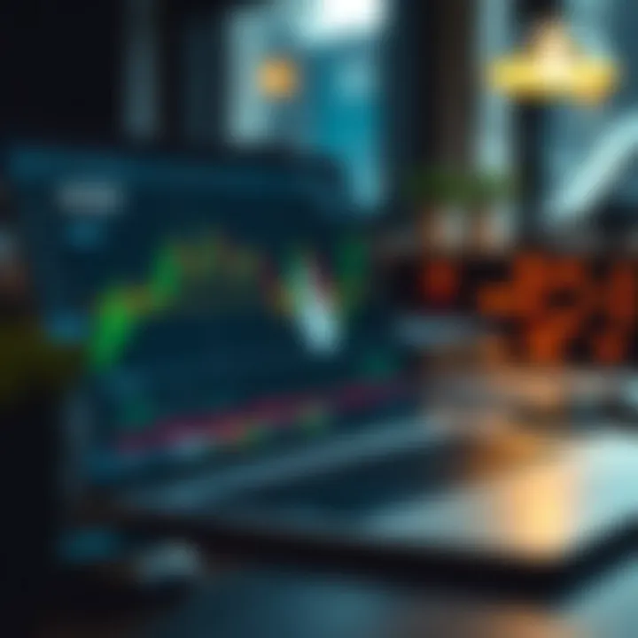 Secure and Efficient Online Trading Environment Secure online trading setup with a laptop showing candlestick charts and security icons