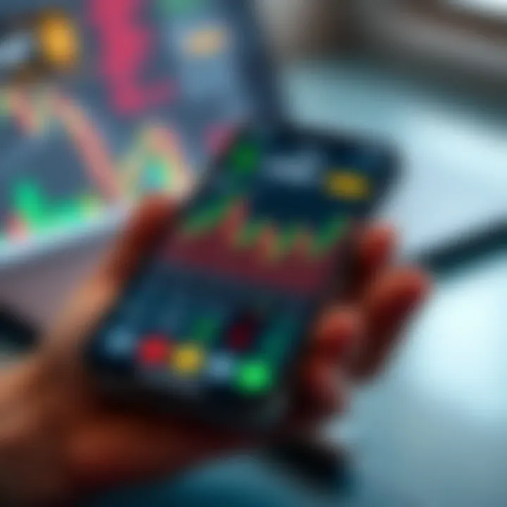 Trading Application Interface Displaying Market Trends Mobile device showing a trading app interface with charts and market data