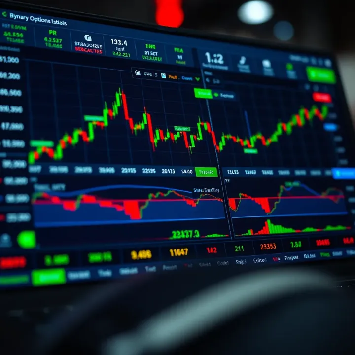 Dashboard of a binary options trading platform showing charts and trade options