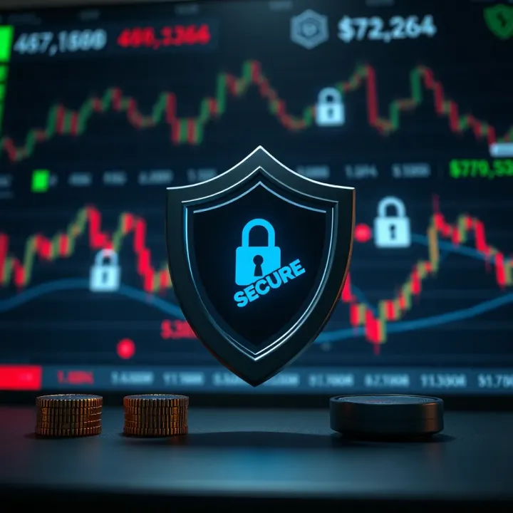 Conceptual illustration of secure online trading with shield and financial symbols
