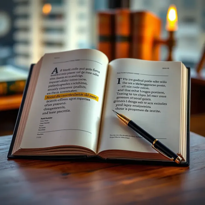 Open book with highlighted quotation and pen on wooden desk symbolizing the study of famous quotes