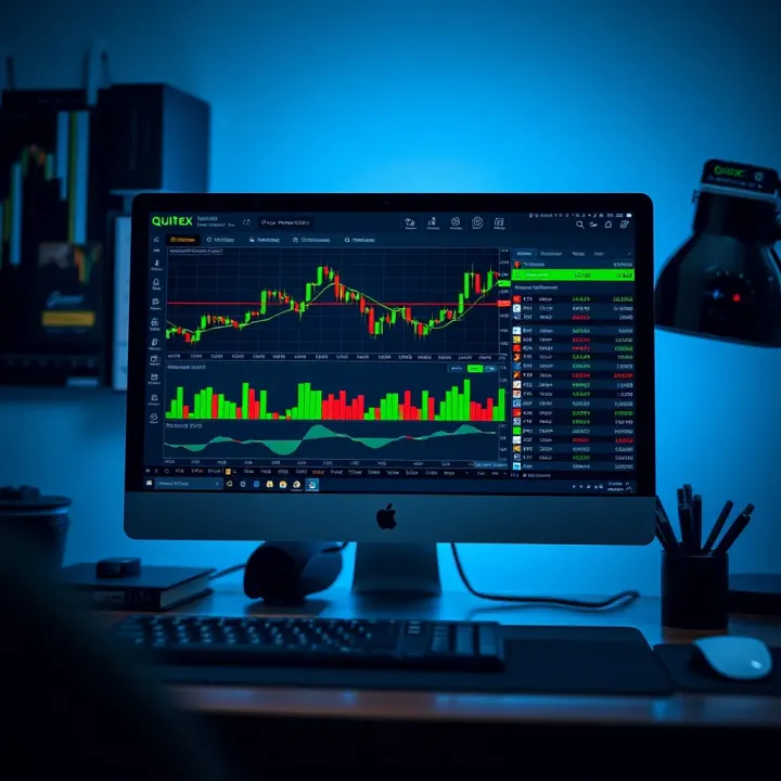 Computer screen displaying Quotex trading platform interface with charts and trading options