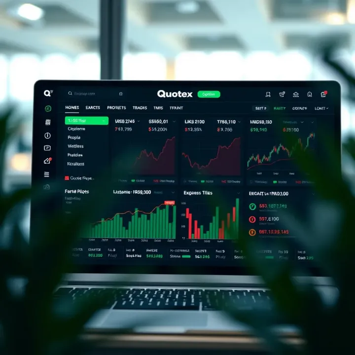 User interface showing Quotex platform dashboard with trading options and charts
