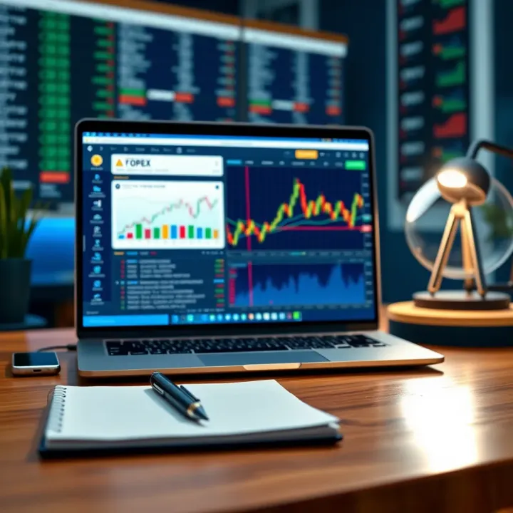 Illustration of a digital workspace with a laptop, notepad, and financial news on screen symbolizing Forex blog creation