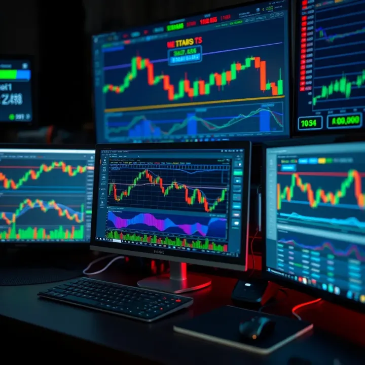Illustration showing various Forex trading charts and graphs on computer screens
