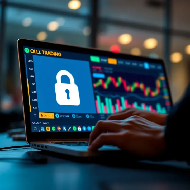 Illustration of secure online trading with encryption symbols and financial data on screen
