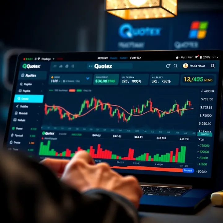 Demonstration of Quotex demo account dashboard highlighting trading tools and virtual balance