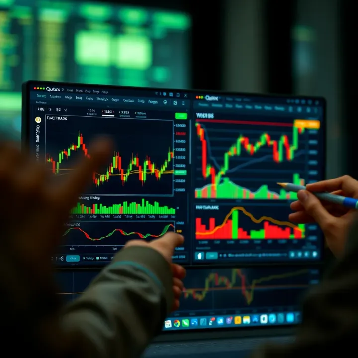 Interface displaying the demo platform of Quotex with active trading charts and indicators