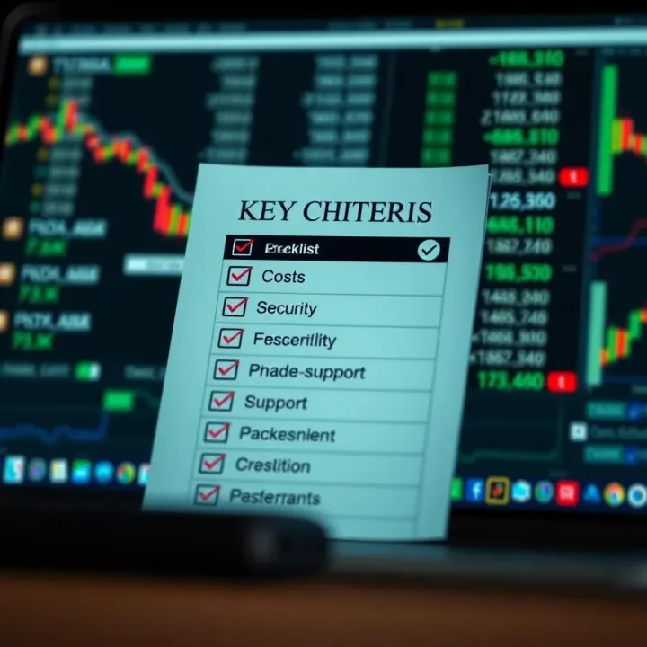 Checklist highlighting key factors like costs, security, and support for selecting brokerage