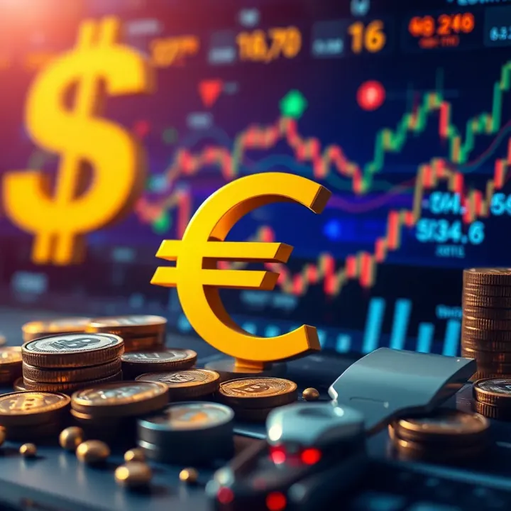 Illustration of financial elements including currency symbols, charts, and global market icons representing currency forecast analysis