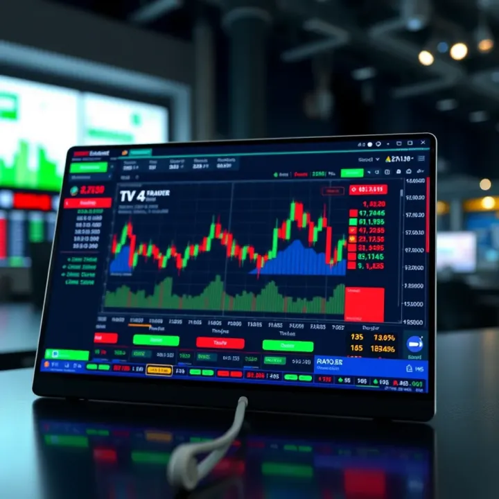 Digital interface displaying a simulated stock market trading platform with charts and virtual currency