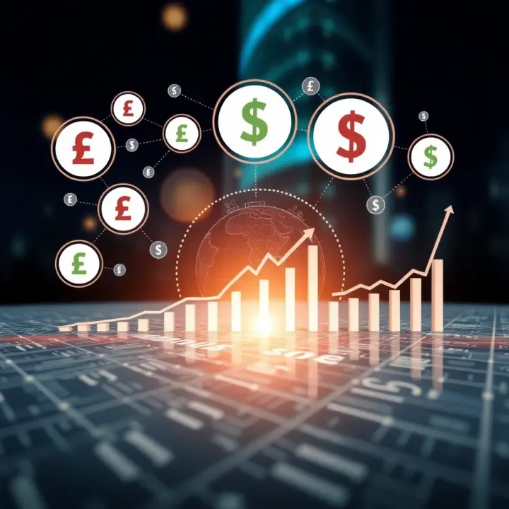 Illustration of various financial sources represented by currency symbols and graphs indicating development funding streams