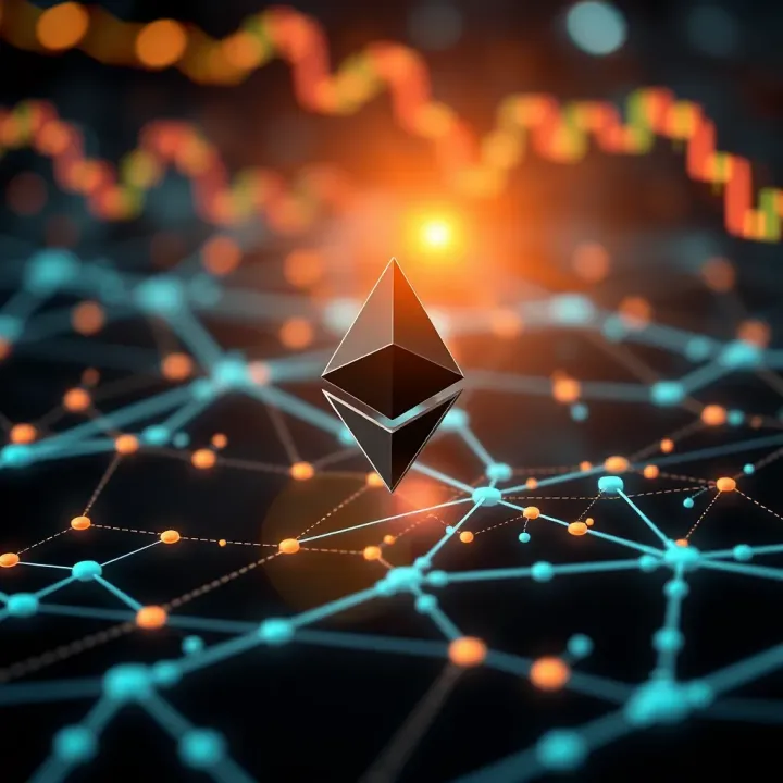 Illustration of blockchain technology with Ethereum symbol and digital connections