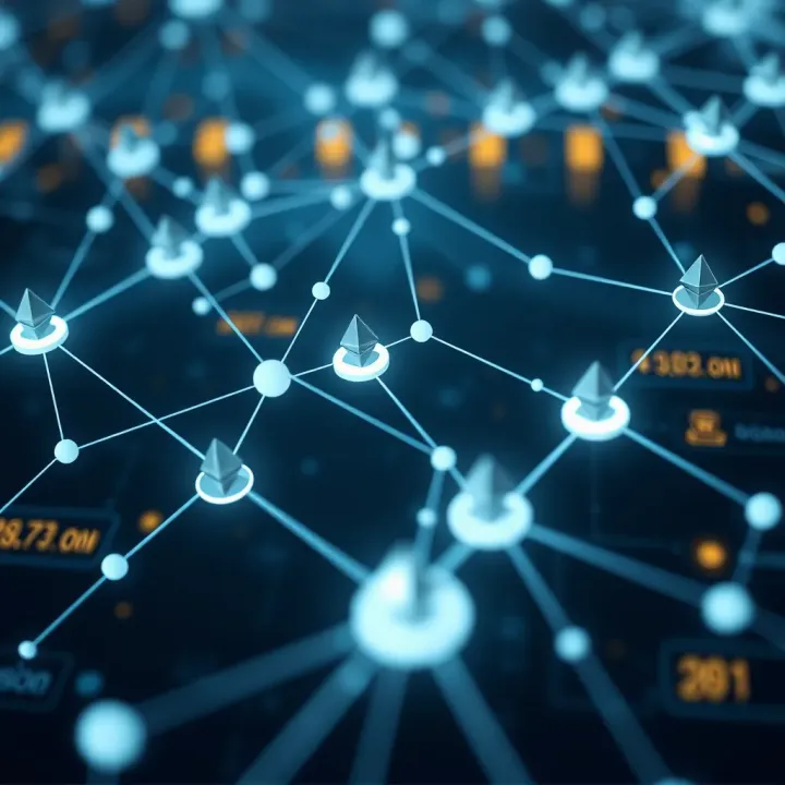 Graphic representation of Ethereum blockchain technology with interconnected nodes and digital data streams