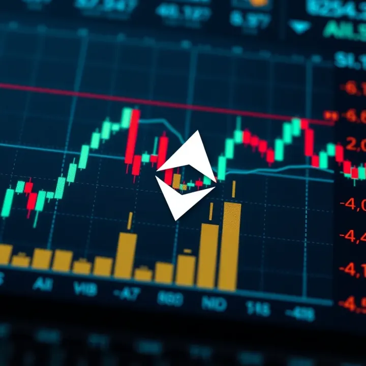 Graph showing Ethereum price fluctuations with candlestick patterns and volume indicators