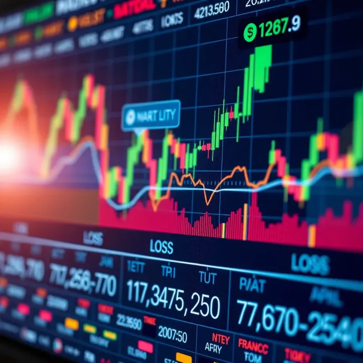 Financial Applications of NLP: Profit and Loss Insights Graph showing financial charts and symbols representing profit and loss analysis in market trading