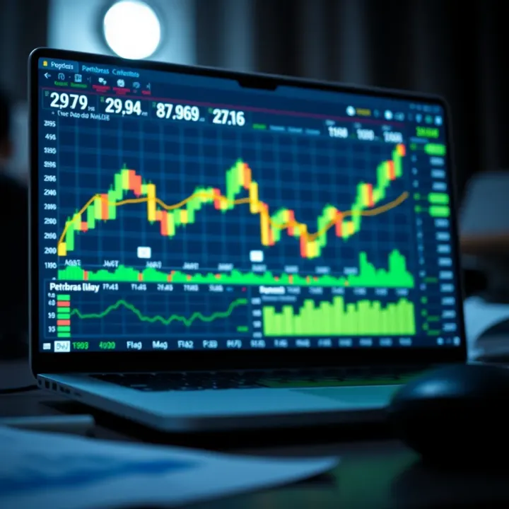 Illustration of financial charts and a laptop displaying Petrobras stock market data