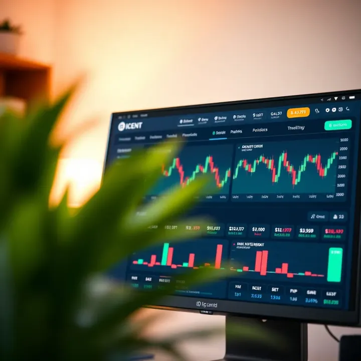 Dashboard view of the IQ Cent trading platform showing various investment options and trading charts