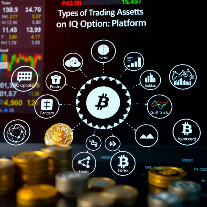 Graphical representation of diverse asset types available for trading on IQ Option including stocks, forex, and cryptocurrencies
