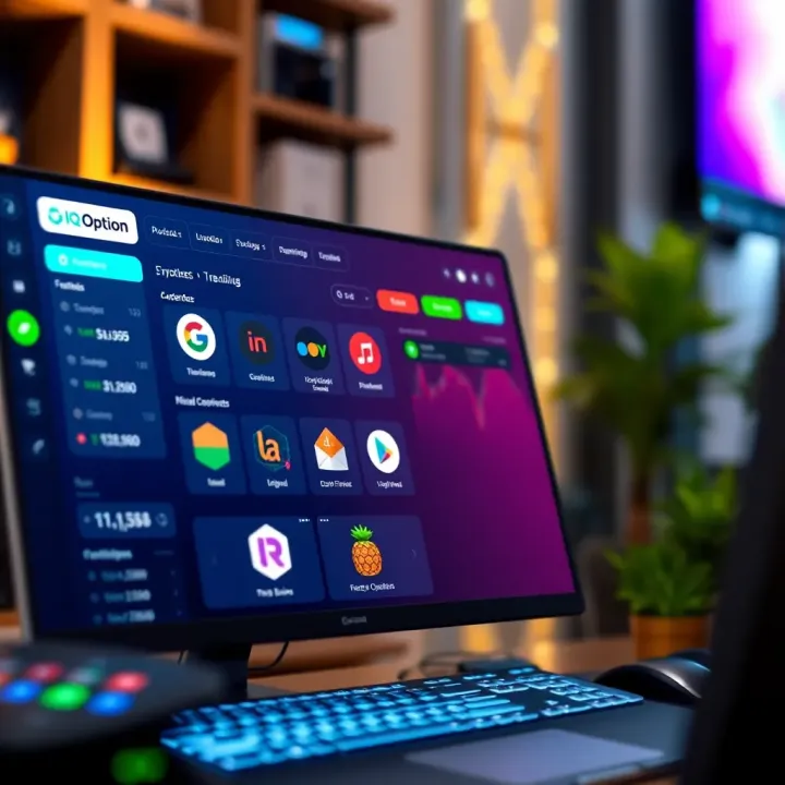 Illustration of the IQ Option trading platform interface showing various digital assets and trading options