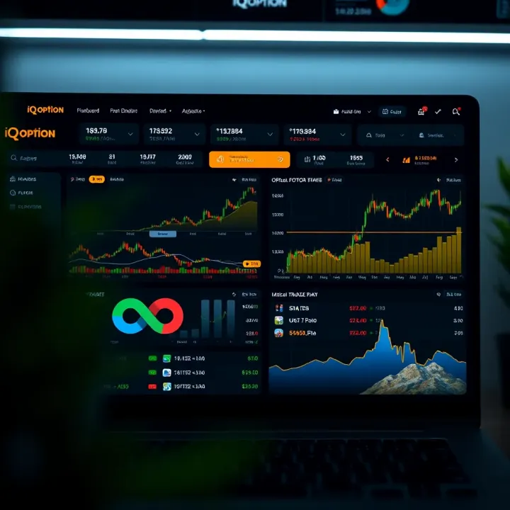 Dashboard of IQ Option platform showing various financial assets and trading options