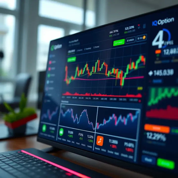 Screenshot showing the IQ Option trading platform interface with various asset options and charts