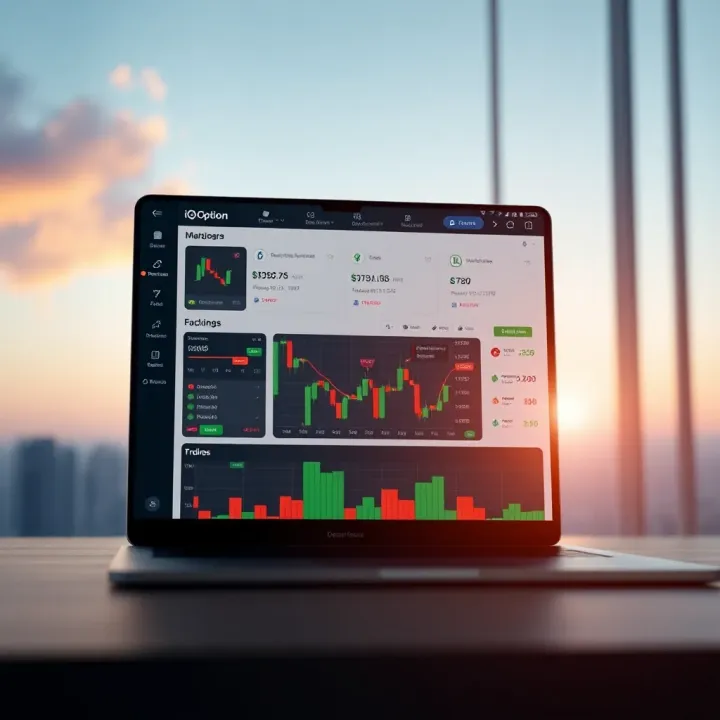 User interface showcasing the main dashboard of IQ Option X APK with trading charts and options