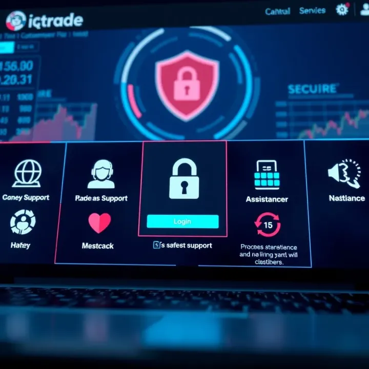 Secure login interface and customer support icons representing safety and assistance features