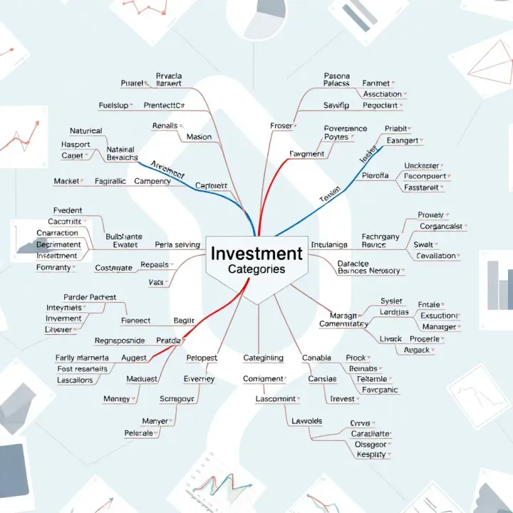 Detailed mind map illustrating various investment categories and strategies connected to a central financial goal