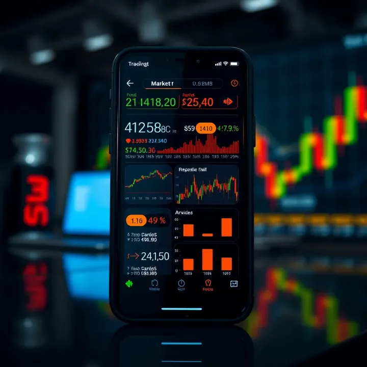 Mobile phone displaying various trading tools and indicators for market analysis