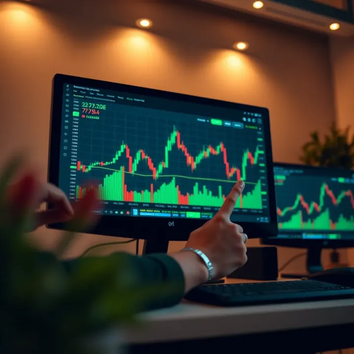 Illustration of a digital trading platform interface showing charts and graphs on a computer screen