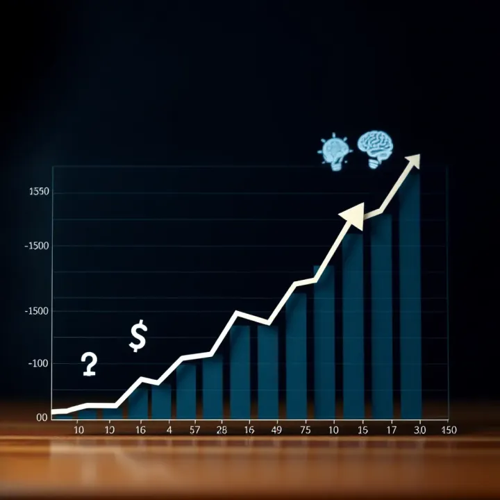 Graph with upward trend and icons symbolizing emotional control and mental focus for investors
