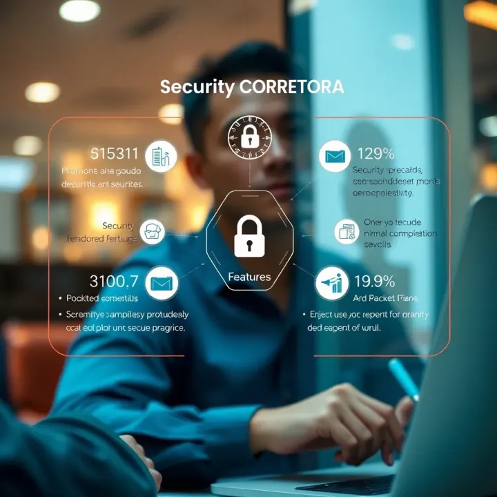 Diagram detailing security features and user interface of Pocket Corretora platform