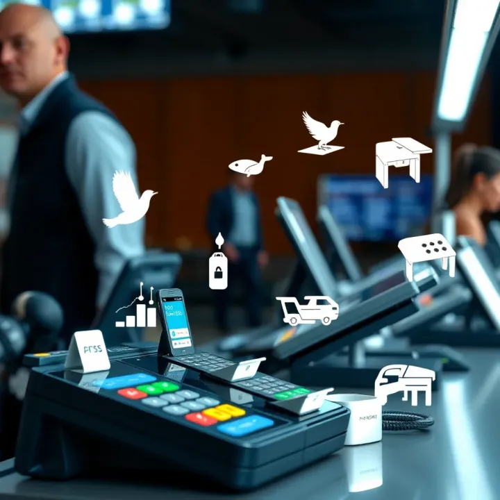 Illustration showing various applications of POS systems in commerce and technology sectors